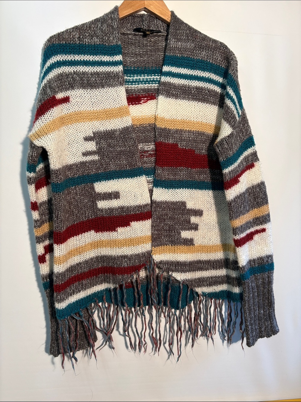 Jack by BB Dakota Teal, Cream, Gray & Red Striped Fringe Cardigan
